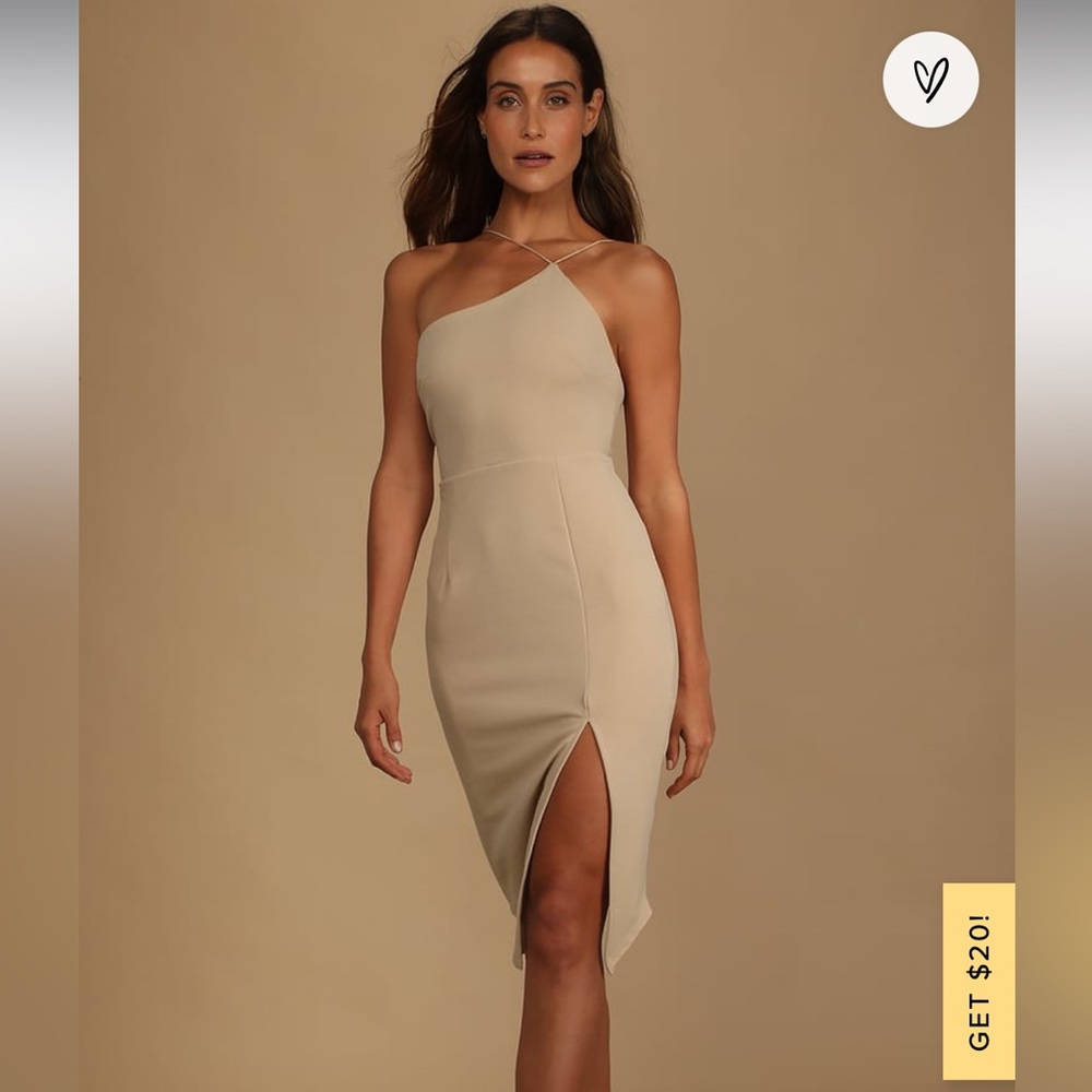 Lulus Happiest Hour Beige Asymmetrical Bodycon Midi Dress